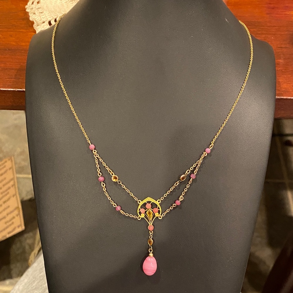 Delicate Art Nouveau Pink Glass and Gold Tone Festoon Necklace 1890-1910 Antique